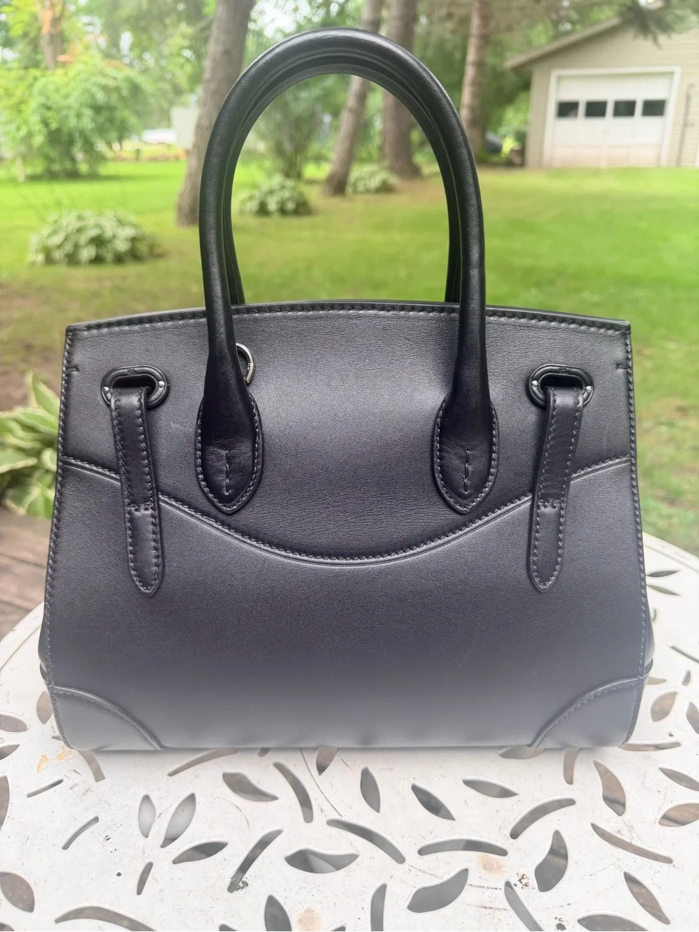 Ralph Lauren Black Leather Top-Handle Satchel with Key Charm